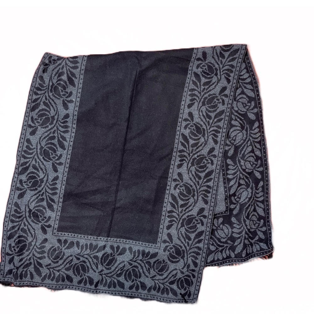 OVERSIZED warm black and gray floral fringe scarf